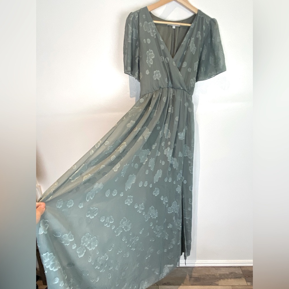 Baltic Born Floral Maxi Dress Chiffon Size Large V-Neck Coastal Sage Green - Picture 2 of 13